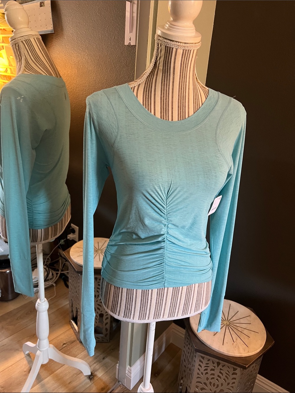Free People Teal Blue Ruched Long-Sleeve Crop Top - Picture 2 of 10